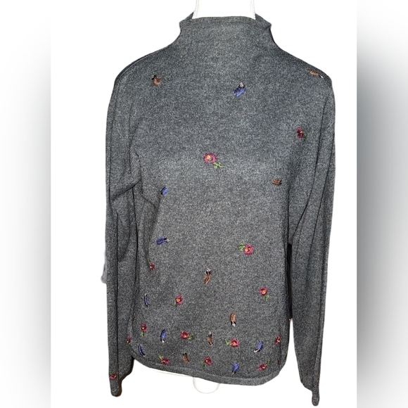 Swan Works Cashmere Silk Gray Floral Embroidered Knit Sweater VTG Sz OS - Picture 1 of 14